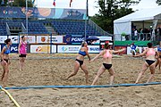 Deutsch: Beachhandball Europameisterschaften 2019 (Beach handball Euro); Tag 5: 6. Juli 2019 – Frauen, Platzierungsspiel für die Ränge 17–20, Nordmazedonien-Slowenien 0:2 (10:13, 9:15) English: Beach handball Euro; Day 5: 6 July 2019 – Placement Match/Cross Match for rank 17–20 Women – North Macedonia-Slovenia 0:2 (10:13, 9:15)