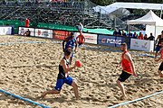 Deutsch: Beachhandball Europameisterschaften 2019 (Beach handball Euro); Tag 1: 2. Juli 2019 – Männer, Vorrunde Gruppe D, Frankreich-Montenegro 2:0 (19:7, 18:9) English: Beach handball Euro; Day 1: 2 July 2019 – Men Preliminary Round Group D – France-Montenegro 2:0 (19:7, 18:9)