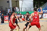 Deutsch: Beachhandball Europameisterschaften 2019 (Beach handball Euro); Tag 2: 3. Juli 2019 – Männer, Vorrunde Gruppe B, Serbien-Portugal 2:0 (20:15, 88:17) English: Beach handball Euro; Day 2: 3 July 2019 – Men Preliminary Round Group B - Serbia-Portugal 2:0 (20:15, 88:17)