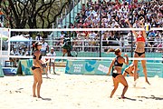 Deutsch: Beachvolleyball bei den Olympischen Jugendspielen 2018; Tag 9, 15. Oktober 2018; Mädchen, Viertelfinale: USA-Spanien 2–1 (21–19/17–21/15–9) English: Beach volleyball at the 2018 Summer Youth Olympics at 15 October 2018 – Girls Quarterfinals: USA-Spain 2–1 (21–19/17–21/15–9)