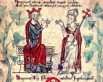 Henry II with Thomas Becket; the 1155 intervention was the start of efforts to Anglicise the Irish church