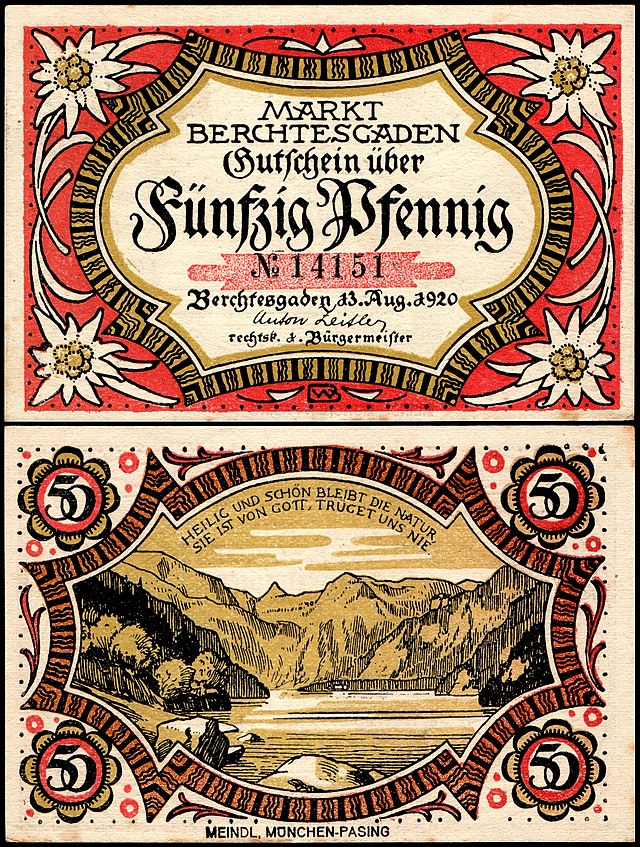 Банкнота-нотгельд в 50 пфеннигов, выпущенная в этот день ровно 100 лет назад в Берхтесгадене