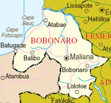 Map of East Timor's Bobonaro District, which lies on the border with Indonesian West Timor. Fighting continued in this region after the civil war, and several cities were captured by Indonesia prior to their full invasion. Bobonaro detail map.png