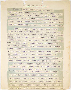 Photograph shows telegrams describing the events of the first day of the second test.