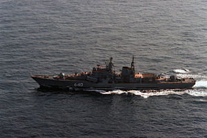 Эскадренный миноносец «Боевой» в Японском море, 21 декабря 1987 года.