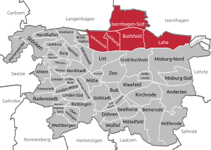 Kaart van Hannover, district Bothfeld-Vahrenheide gemarkeerd