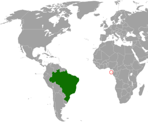 Mapa indicando localização do Brasil e de São Tomé e Príncipe.