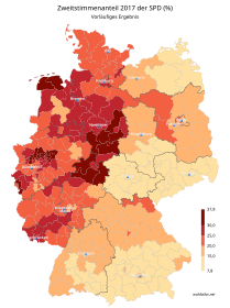 Vorläufiges Ergebnis der Bundestagswahl 2017 in Deutschland, Zweitstimmenanteil in Prozent der SPD