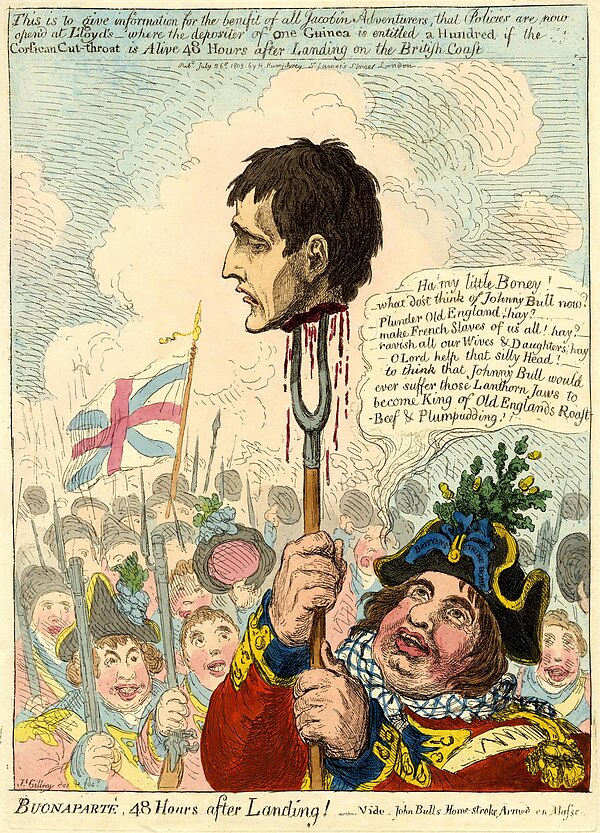 Propaganda work by James Gillray (1803) showing British icon John Bull holding the head of Napoleon Bonaparte on a pitchfork after a conjectured Frenc