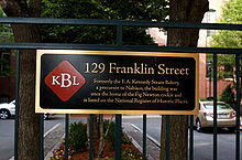 The plaque outside of 129 Franklin Street, identifying it as the site of the F.A. Kennedy Steam Bakery Cambridge MA 129 Franklin St detail.jpg