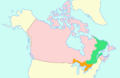 Mappa tal-Provinċja tal-Kanada li turi ż-żewġ partijiet kostitwenti: il-Kanada tal-Punent bl-oranġjo u l-Kanada tal-Lvant bl-aħdar.
