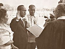Carlos P. Garcia is sworn in as the eighth president of the Philippines after winning the election of 1957 Carlos P Garcia second inauguration, 1957.jpg