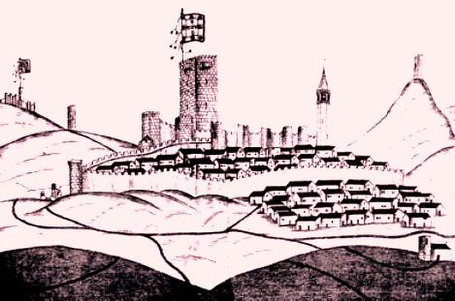 View of the Castle of Olivenza from the South circa 1509, as drawn by Duarte D'Armas [pt].