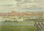 Colonne de l' « United States Dragoon Regiment » approchant un village comanche pendant la First Dragoon Expedition (en) en 1834.