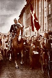 King Christian X, seen here on the occasion of his birthday in 1940, served as a powerful symbol of national sovereignty during the occupation. At the time, many Danes wore an emblem showing his cypher as a symbol of patriotism and silent resistance against the Germans. Christian X.jpg