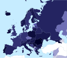 Predominance of Christianity in countries across Europe (2010) Christianity in Europe-2010.svg