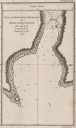 Mapa zálivu a Port-Christmas vypracoval James Cook v roce 1777