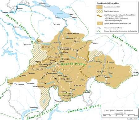 Approximate extent of Raetia Curiensis in the 10th century. Churraetien.png