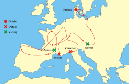 Military stratagem in the Maneuver against the Romans by Cimbri and Teutons circa 100 B.C.
