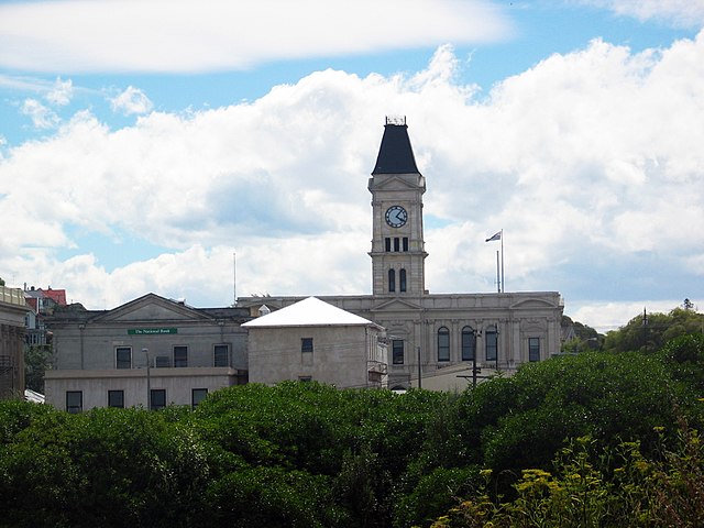 Oamaru: Clock tower on the old Post Office, described in Frame's Owls Do Cry and her autobiography, The Envoy from Mirror City
