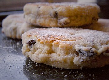 Welsh cakes are made from flour, sultanas, raisins, and/or currants, and may also include such spices as cinnamon and nutmeg.[6]