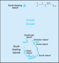 Map of Christmas Island (left) and the Cocos (Keeling) Islands. Not to the same scale.