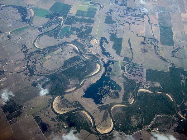 Oblique air photo of the Colorado River where it crosses from Colorado County into Wharton County near Nada.
