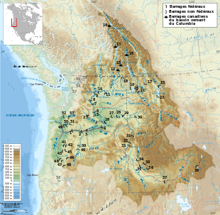 Kort over de vigtigste dæmninger i Columbia Basin