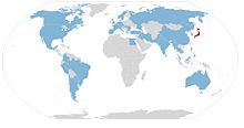 Countries visited by SGI President Ikeda (in blue) outside of Japan (in red)