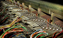 Typical wire wrap construction of Bell System telephone crossbar switch. Some types of connection were soldered. Crossbar-banjo1-hy.jpg
