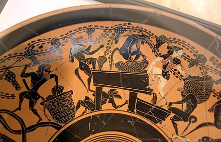 Vintage by Satyrs and Maenads. Ancient Greek Attic black-figure cup, end of 6th century BC. Cabinet des médailles de la Bibliothèque nationale de France, Paris, France