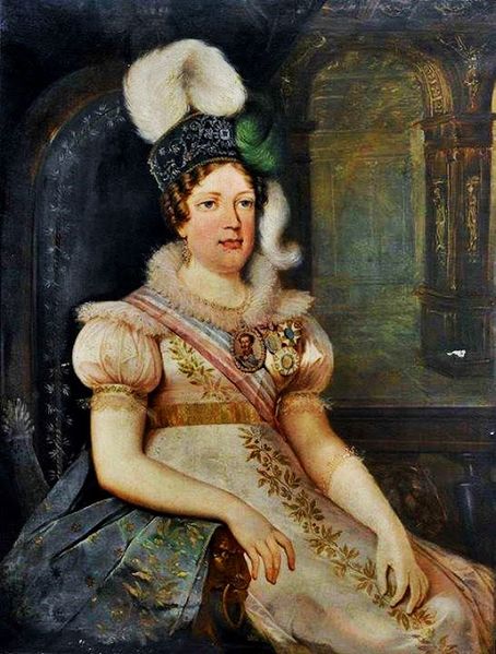 Archduchess Maria Leopoldina of Austria, Empress consort of Brazil, wears the insignia of the Imperial Order of the Cross and other orders.