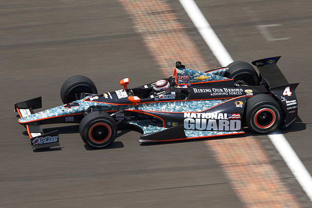 2012 DW12 chassis with the Speedway configuration driven by J. R. Hildebrand during practice for the 2012 Indianapolis 500. This initial version of th