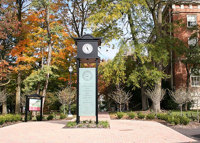 Campus clock in front of Ohio Wesleyan's Sturges Hall located near Sandusky Street