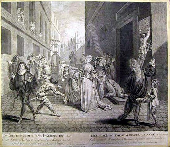 Départ des comédiens italiens en 1697, engraving by Louis Jacob of the painting by Watteau