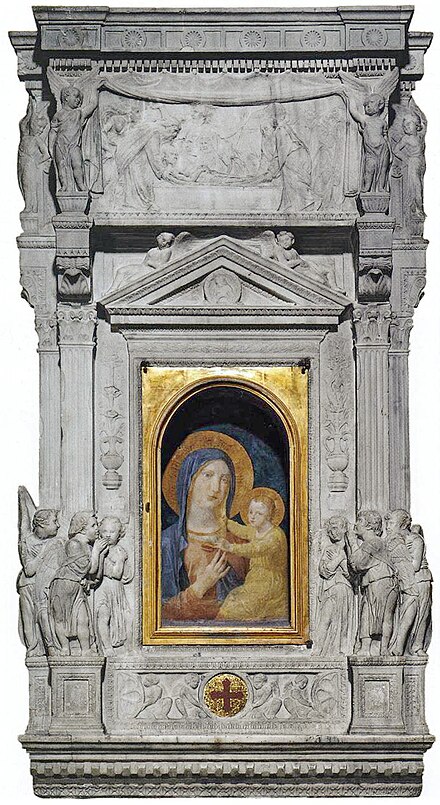 The famed Madonna della Febbre, first to be canonically crowned by Pope Urban VIII in 27 May 1631. The surrounding marble frame is a ciborium by Donatello di Niccolò di Betto Bardi  — The Sacristy of Saint Peter's Basilica, Rome.