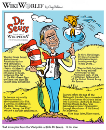 A cartoon shows a bearded man with a red bow tie holding numerous items. He holds the hat from Dr. Seuss’s „The Cat in the Hat“ and balances a fishbowl on his left index finger.