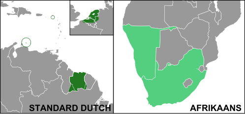 Dutch and Afrikaans geographical distribution:
Dark green (left): largest Dutch speaking regions - Dutch Caribbean, French Flanders, Suriname, Netherlands, Belgium
Light green (right): primary Afrikaans speaking regions - South Africa, Namibia DutchAfrikaans.svg