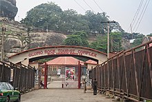 Olumo Rock is located in the ancient city of Abeokuta, Ogun State. Historically, the rock was a natural fortress for the Egbas during inter-tribal warfare in the 19th century. Entrance to Olumo Rock.jpg