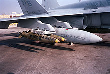Ordnance on a VMFA-235 Hornet during Operation Desert Storm, 1991. F-18 ordnance VMFA-235 Desert Storm 1991.jpeg