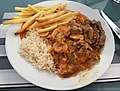 Falmouth June 2018 - Beef Strogonoff with rice & french fries (41620431025).jpg