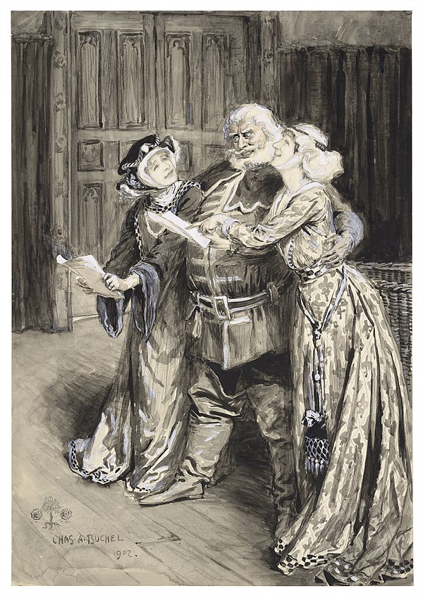 Herbert Tree's 1902 production of The Merry Wives of Windsor with Tree as Falstaff, Ellen Terry (l.) as Mistress Page and Kendal as Mistress Ford