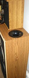 Two-inch port tube installed in the top of a Polk S10 speaker cabinet as part of a DIY audio project. This port is flared. Flared Port Tube 2 inch.jpg