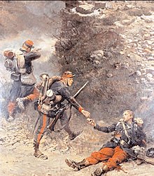 Le fond de la Giberne, 1882, by Alphonse de Neuville.
A dying French infantryman gives his last cartridges to a clairon Fond Giberne.jpg