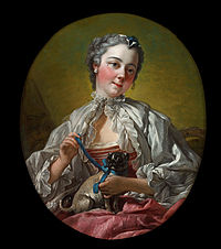 A young lady holding a pug dog 1740