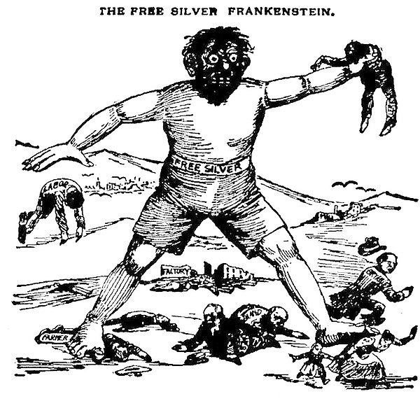 1896 editorial cartoon equating the free silver movement with Frankenstein's monster.