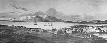 Kjalarnes mit dem Vulkan Esja und dem Ort Reykjavík – um 1835