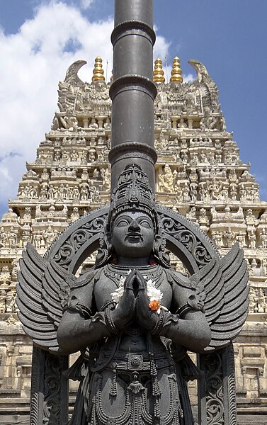 File:Garuda image facing Chennakeshava temple at Belur with gopura (entrance tower) in the background.jpg