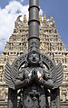 View of Gopura (tower over entrance) from Garuda stambha (pillar) at Chennakeshava temple complex, Belur