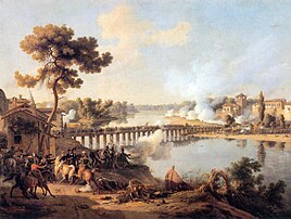 La Bataille de Lodi, huile sur toile de Louis-François Lejeune (1804, musée de l'Histoire de France, à Versailles). Le général Bonaparte y figure, donnant ses ordres. (définition réelle 2 358 × 1 775)